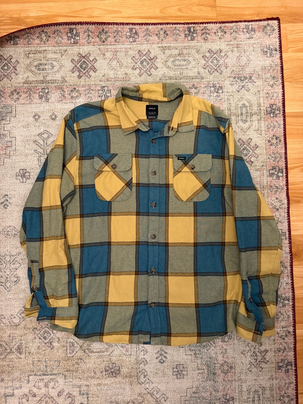 RVCA Men's Mustard Yellow & Teal Plaid Button-Down Shirt